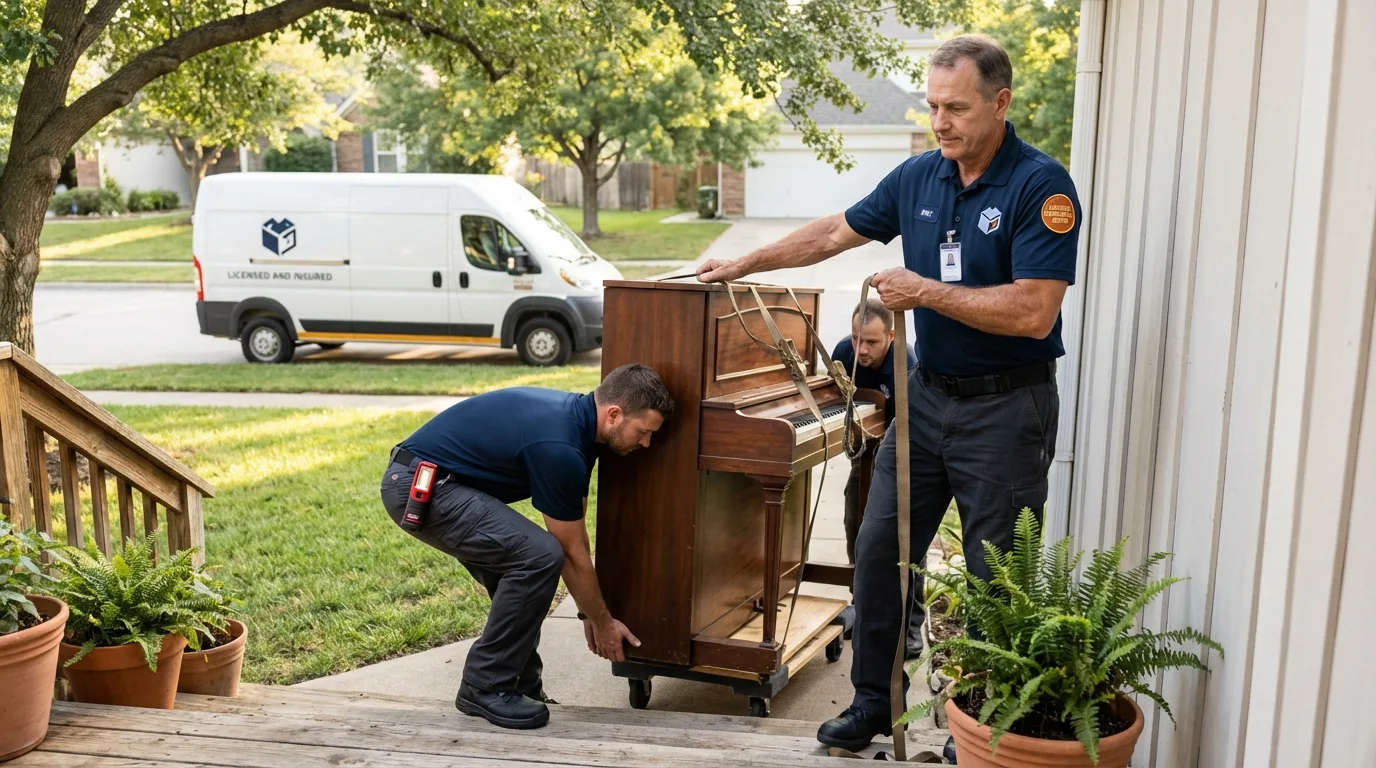 Licensed piano movers securing grand piano in Houghton Lake, MI