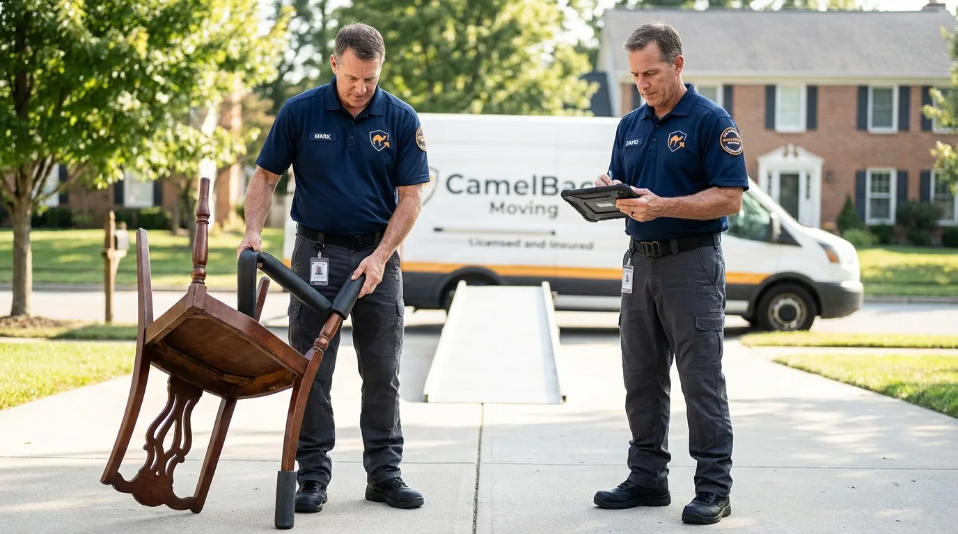 Movers inspecting furniture for damage prevention before loading in Houghton Lake, MI
