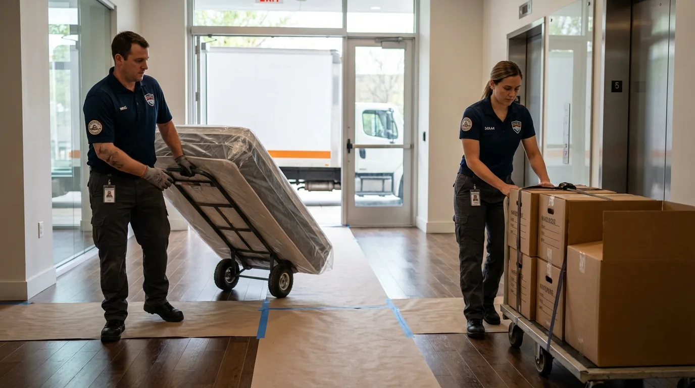 Professional apartment movers loading elevator in Houghton Lake, MI
