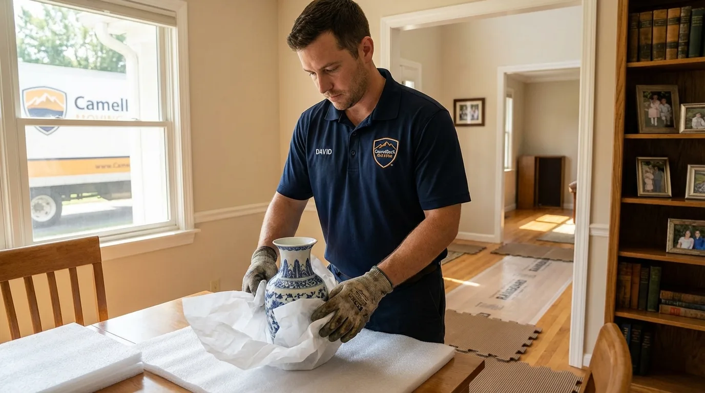 Professional crew carefully wrapping antique vase for senior downsizing move in Houghton Lake, MI